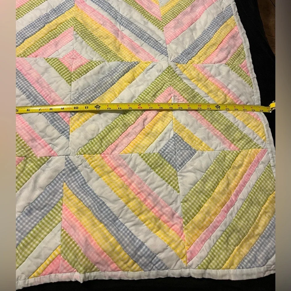 UC Vintage 70s Hand Sewn Colorful Patchwork Baby Crib Quilt 29”x38”